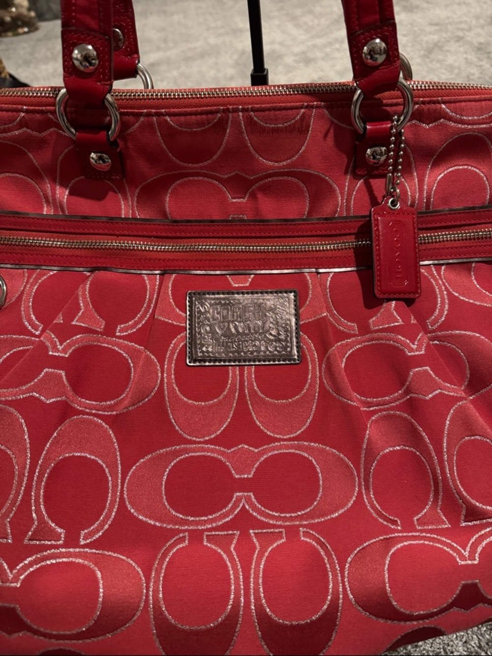 Coach Poppy Red Signature Jacquard Tote with Leather Trim